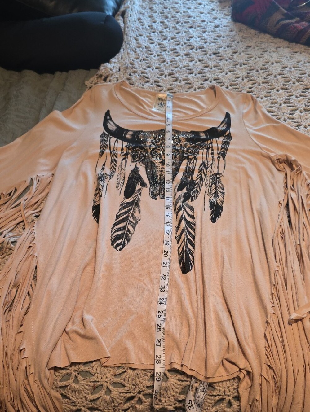 Vocal Beige Fringe Top with Embellished Bull Skull - Picture 5 of 7